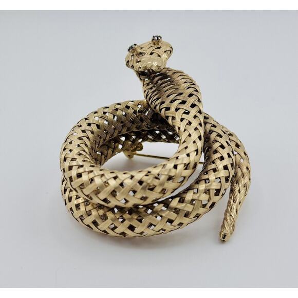 Vintage Coiled Woven Mesh Snake Brooch Pin Rhinestone Eyes - Picture 5 of 10